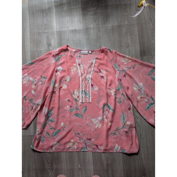 Belle Kim Gravel Floral Sheer Pink Bell Sleeve Tunic Embellished V-Neck 2X - Picture 2 of 6